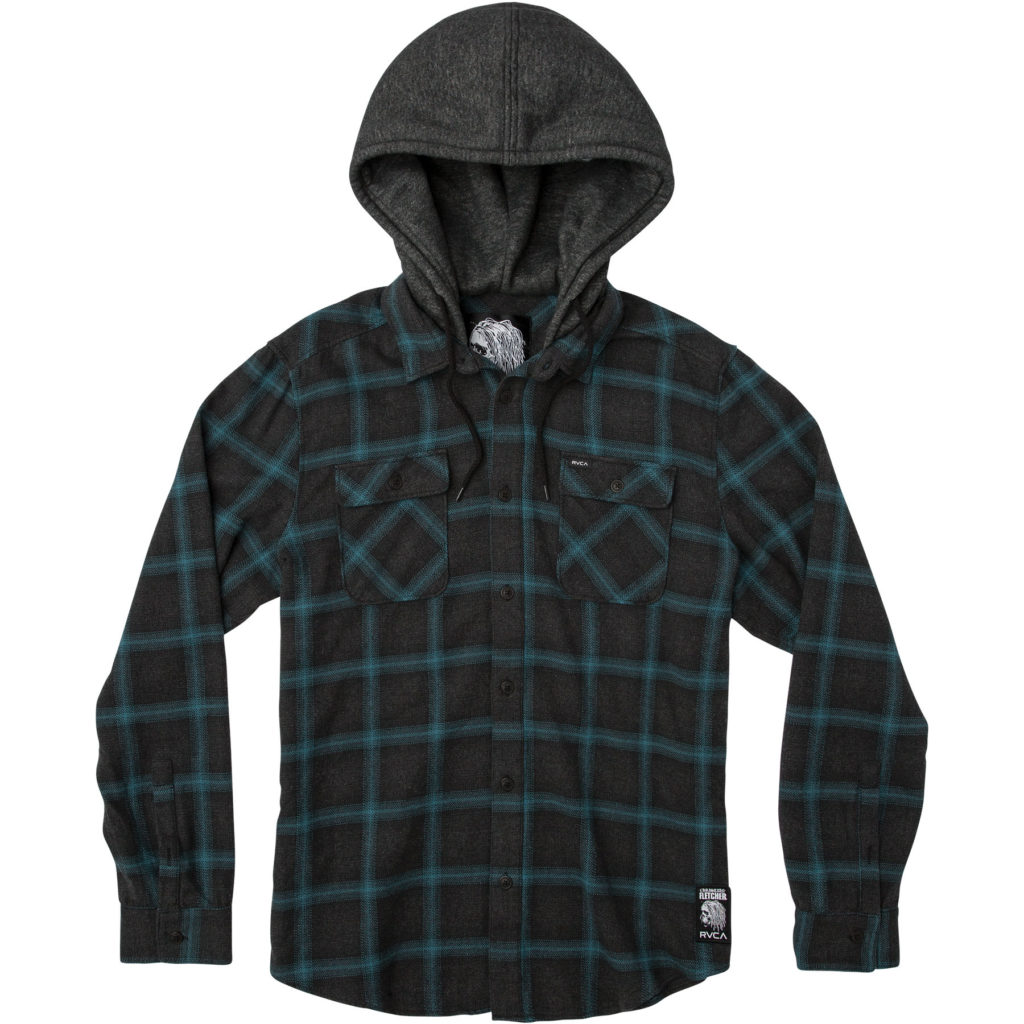 Regular fit. 100% Cotton yarn dye plaid flannel. Fleece hood with chest pockets. RVCA solol label at left chest pocket. Christian Fletcher trim package.