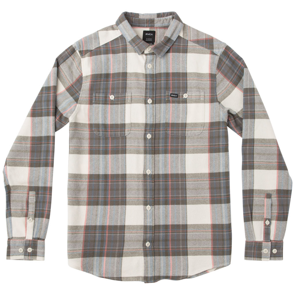 RVCA Ludlow Flanner is regular fit, 100% Cotton yarn dye flannel shirt.  The plaid shirt in taupe, ivory blue and a hint of coral will be great for your fall/winter wardrobe.  The shirt is a  heavy enzyme stone wash with curved chest pockets with RVCA solo label.